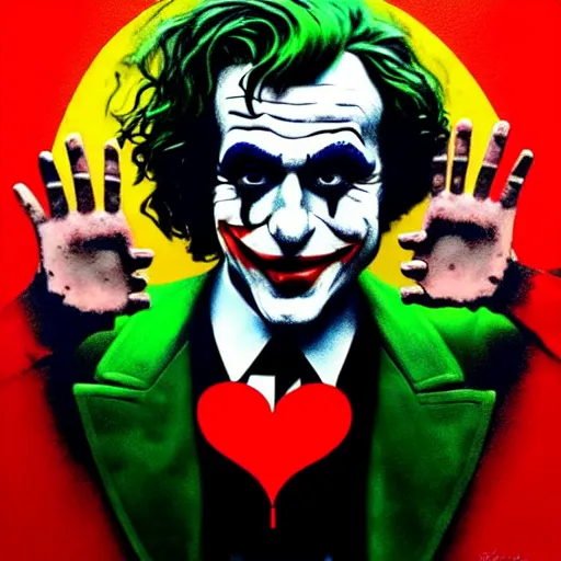 Prompt: ilya yefimovich repin and mimmo rottela and banksy as joaquin phoenix skinny joker, holding lady gaga harley queen hand, ultra photorealistic, intricate details, pop art style, concept art, confident posse, justify content center, 2 colours, warm color, 4 k, ultra smooth, sharp focus, perfect details