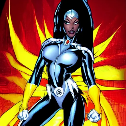 Image similar to aaliyah as storm from the x - men, vector image, comic books style, very detailed, by jim lee, by jae lee, by todd mcfarlane, by rob liefeld