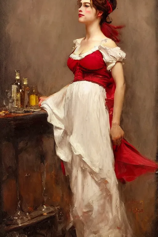 Image similar to Richard S. Johnson and Solomon Joseph Solomon and Richard Schmid and Jeremy Lipking victorian genre painting full length portrait painting of a young beautiful woman traditional german french barmaid in fantasy costume, red background