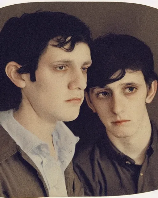 Image similar to an instant photo of two beautiful but sinister young men wearing oxford shirts in layers of fear, with haunted eyes and dark hair, 1 9 7 0 s, seventies, wallpaper, a little blood, morning light showing injuries, delicate embellishments, painterly, offset printing technique, by brom, robert henri, walter popp