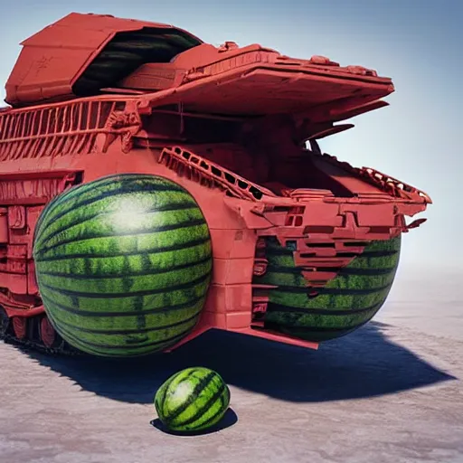 Image similar to Very very very very highly detailed sci-fi Watermelon military vehicle. Photorealistic Concept 3D digital art rendered in Highly Octane Render in style of Hiromasa Ogura Gost in the shell, epic dimensional light