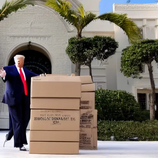 Image similar to donald trump leaving mar - a - lago with cardboard boxes, lego,