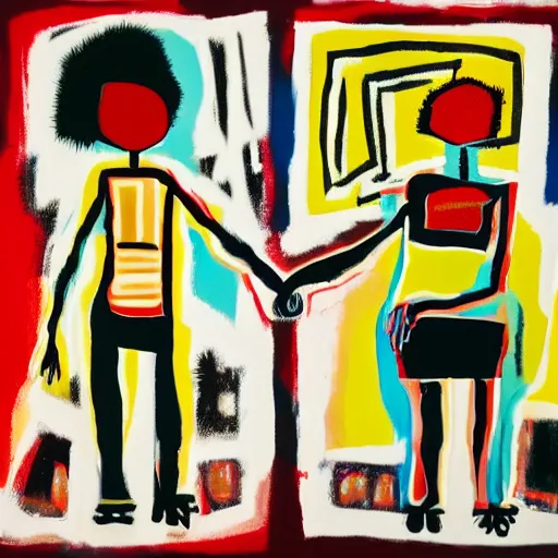 Prompt: a photograph of two girls holding hands while watching the world burn, done in the style of basquiat, akseli gallen kallela, highly detailed, 4 k