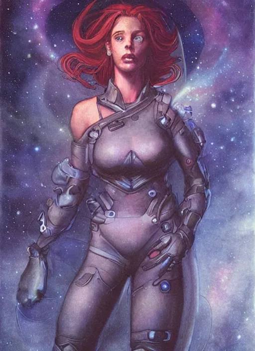 Prompt: portrait of female space ranger, night sky background, beautiful! coherent! by brom, by brian froud, deep color, strong line, high contrast