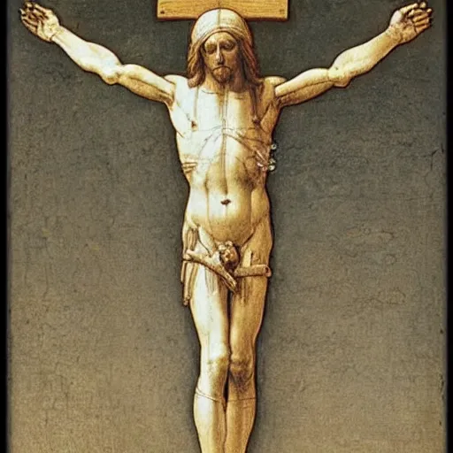 Prompt: Leonardo da Vinci's Vetruvian Man crucified on a cross like Christ