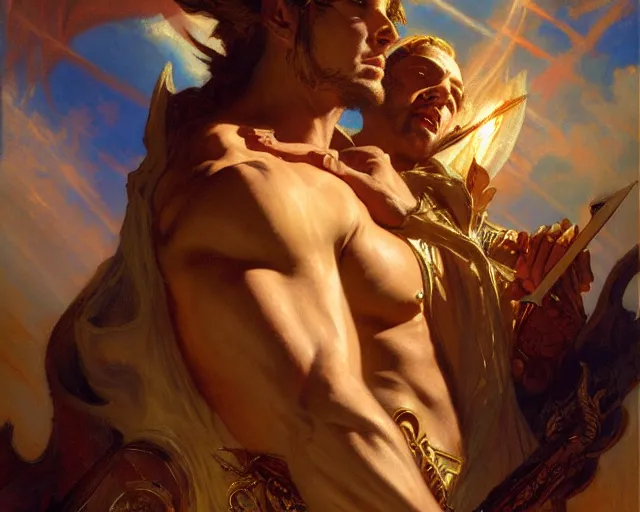 Image similar to attractive pagan male deity, summons handsome lucifer morning star. highly detailed painting by gaston bussiere, craig mullins, j. c. leyendecker 8 k