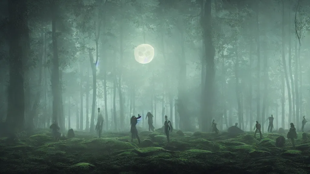 Prompt: Many Human floating in the air in a forest, in the night to a light of the moon, Eldritch, 8K, concept art, filmic, HDR, highly detailed, cinematic lighting, artstation, volumetric light, octane render, redshift render, camera close up, rich deep moody colors, ultra realistic, Dark-art