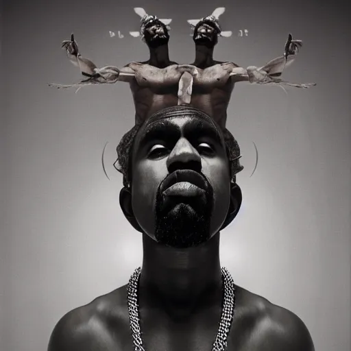 Prompt: surrealist epic photoreal portrait of kayne west as god by dali, arms outstretched, 4 k