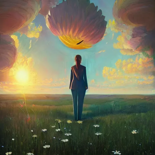 Image similar to giant daisy flower head, woman in suit, standing next to modern window in luxury loft, surreal photography, sunlight, impressionist painting, digital painting, artstation, simon stalenhag