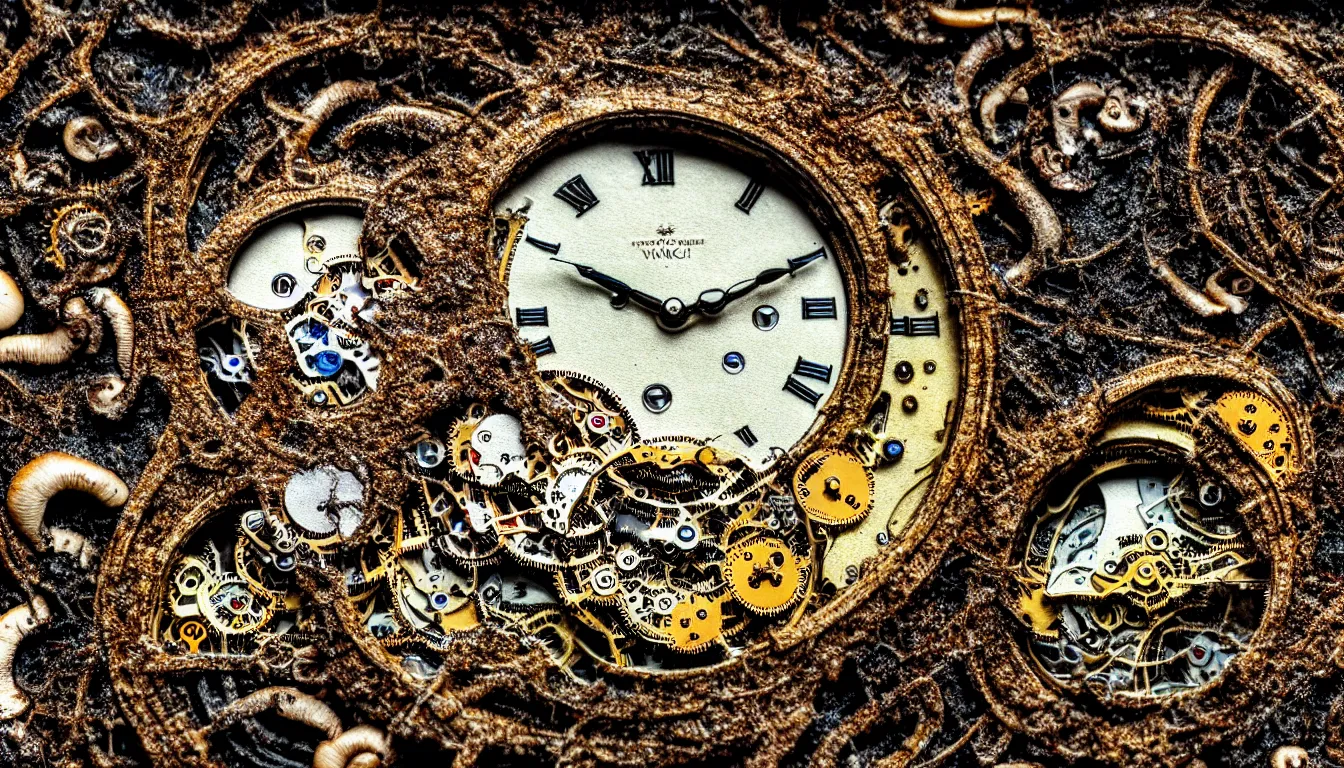 Prompt: detailed view from inside a clockwork watch landscape, wet ink, entangled roots covered in mushrooms, cracked earth, living spore microorganisms, decaying, rusty, hyper realistic photo, full colour, upscale, 8 k