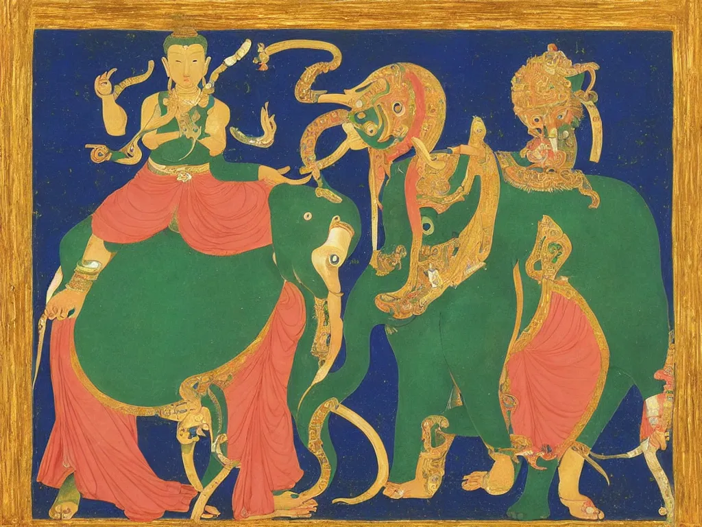 Prompt: portrait of a buddhist dancing deity with elephant. lapis lazuli, malachite, cinnabar, gold. painting by piero della francesca, balthus, agnes pelton