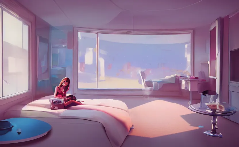 Prompt: a teen girl sitting in a stylish bedroom interior, futuristic plastic capsule apartment, small kitchen, reflective floor painting by Craig Mullins, octane rendering, soft lighting, wide angle lens, in the style of Pixar animation, trending on artstation,