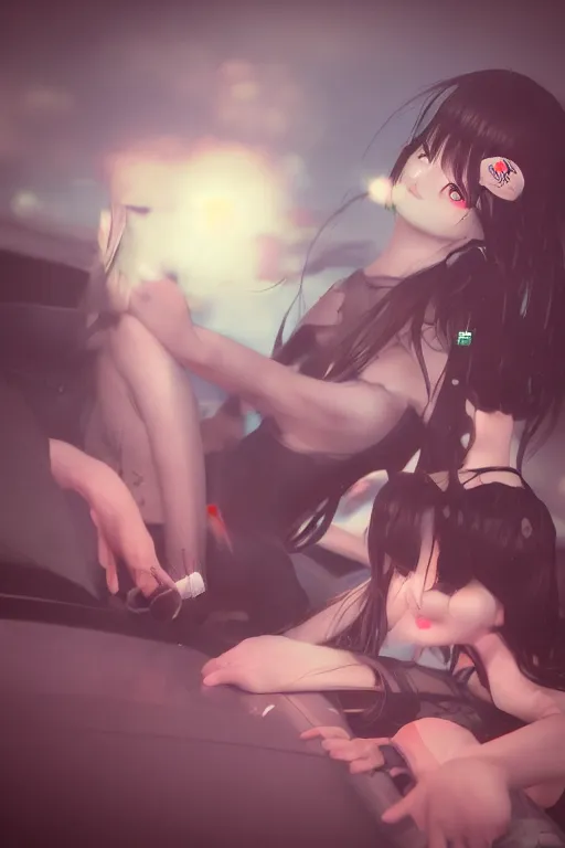 Image similar to art by D. Jun, by Mo Xiang Tong Xiu, Infrared Unreal Engine 3d dark render, cute girls in Japanese maid's clothes and smoking inside a JDM car at night in a parking lot, anime vintage colors, polaroid, foggy, smoke, steam, parov, daz 3d, octane render, trending on artstation, volumetric light, cinematic render, ultra realistic, oil painting