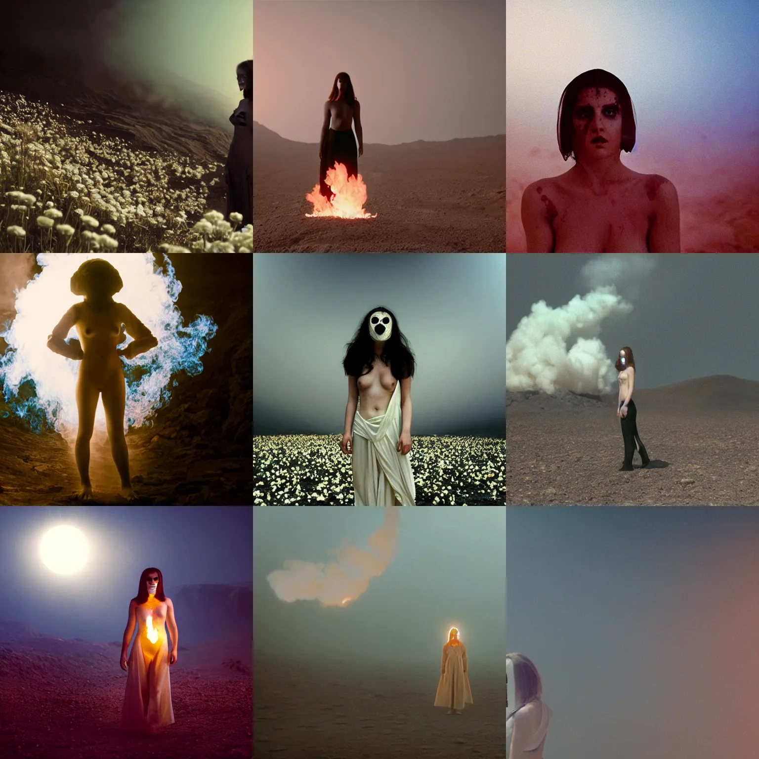 Prompt: The full body shot of beautiful pale woman with white flowers and full-face golden mask inside a thick black smoke in rocky desert landscape, glowing eyes everywhere, burning earth by Gaspar Noe and Christopher Doyle, anamorphic lens, anamorphic lens flares, kodakchrome, cinematic composition, practical effects, award winning photo, 8k