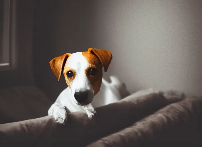 Image similar to photography of a jack russel. watching outside the window. on a bed. in a vintage room full of vinyls and posters., volumetric light, photorealistic,, award winning photo, 1 0 0 mm, sharp, high res