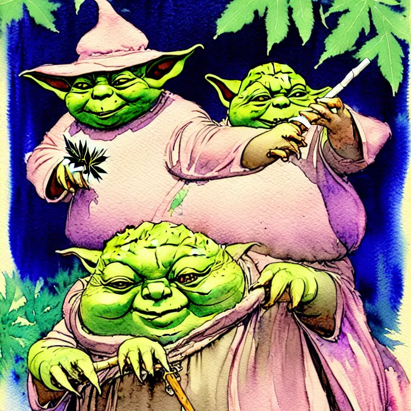 Image similar to a realistic and atmospheric watercolour fantasy character concept art portrait of a fat yoda with pink eyes smiling and holding a blunt with a pot leaf nearby, by rebecca guay, michael kaluta, charles vess and jean moebius giraud