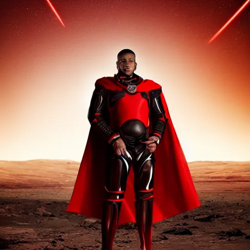 Image similar to portrait of a tall athletic muscular infantry man in glossy sleek white armor with tiny red details and a long red cape, heroic posture, on the surface of mars, night time, dramatic lighting, cinematic, sci-fi, hyperrealistic, movie still