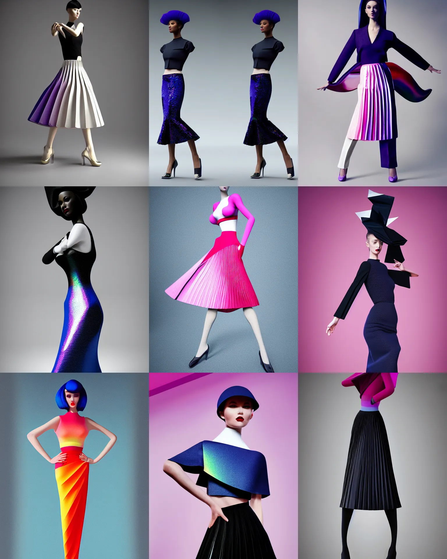 Prompt: collection intiguing haute couture, sailor uniform, midi skirt, coated pleats, synthetic curves striking pose, stylized dynamic folds, cute huge pockets, volume flutter, youthful, modeled by modern designer bust, smart textiles, body fitted dart manipulation, candy fantasy gradient scheme, holographic tones, expert composition, professional retouch, editorial photography