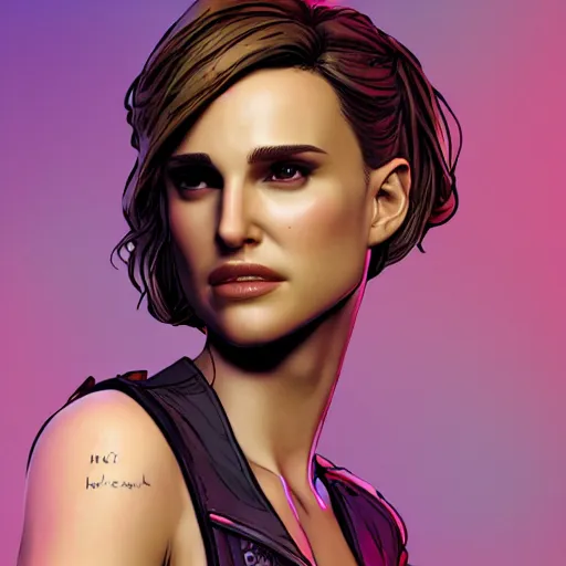 Image similar to natalie portman portrait, borderlands, tales from the borderlands, the wolf among us, comic, cinematic lighting, studio quality, 8 k