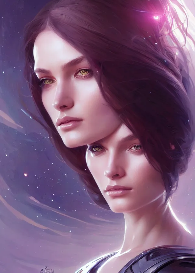 Image similar to futuristic woman portrait, sci-fi, amber eyes, face, long hair, fantasy, intricate, elegant, highly detailed, digital painting, artstation, concept art, smooth, sharp focus, illustration, art by artgerm and greg rutkowski and alphonse mucha