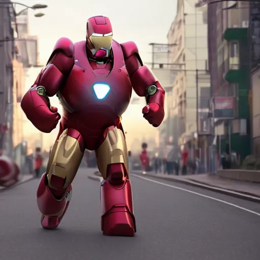 Prompt: award winning still from animated film of the year 2025 entitled Morbidly obese ironman has trouble flying, DSLR PHOTO, ironman eating icecream and pizza