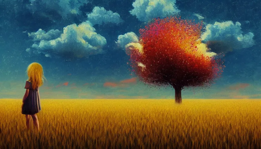 Prompt: flower face, full body, girl in empty wheat field, surreal photography, colorful clouds, tree, impressionist painting, colorful clouds, digital painting, pointillism, sunset, artstation, simon stalenhag