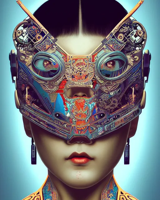 Image similar to portrait of a cyberpunk machine, machine face, upper half portrait, decorated with chinese opera motifs, asian, fine china, traditional chinese art, intricate, elegant, highly detailed, symmetry, headpiece, digital painting, artstation, concept art, smooth, sharp focus, illustration, art by artgerm and greg rutkowski and alphonse mucha, 8 k