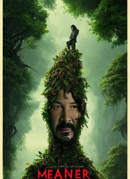 Image similar to highly detailed comedy caper movie poster with silly wacky zany keanu reeves as a sentient pile of leaves, keanu reeves green face as tree sentient leafy bush, falling through a leafy mind chasm by greg rutkowski, masterpiece, really funny, 1 0 / 1 0 comedy