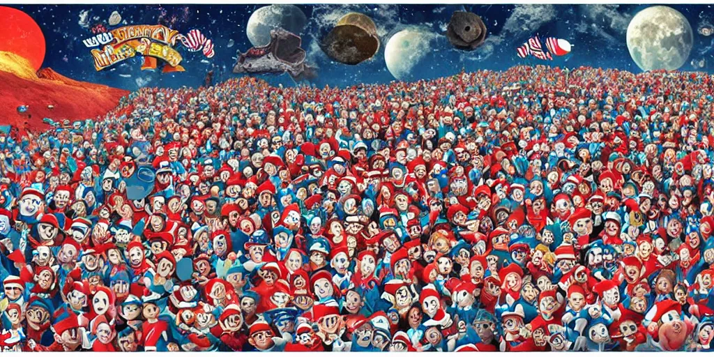 Prompt: a huge Where’s Waldo on the moon puzzle