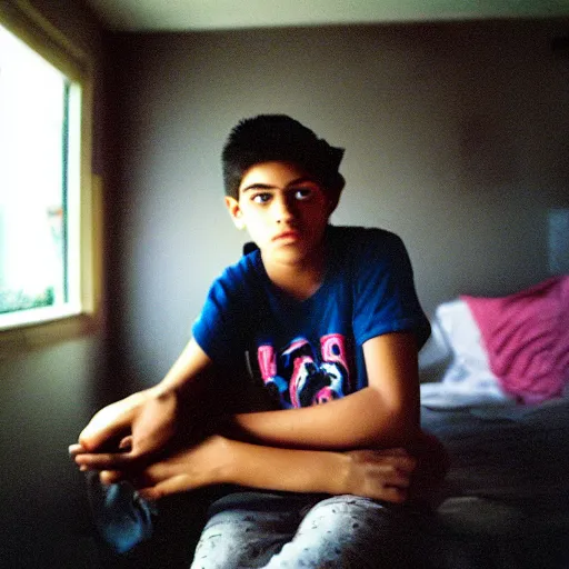 Prompt: masterpiece portrait of a photogenic cinegenic mexican teenager, chaotic teenage bedroom, bokeh, sunny day, heat haze, perfect framing, smoke, dust particles, interior shot, f2, anamorphic lens, great photographers, best photos of all times, 2004