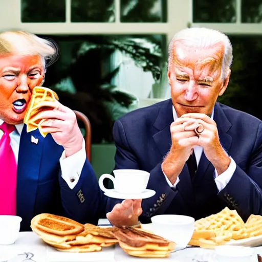 Image similar to photograph of trump and Biden sitting and eating breakfast at a Wafflehouse