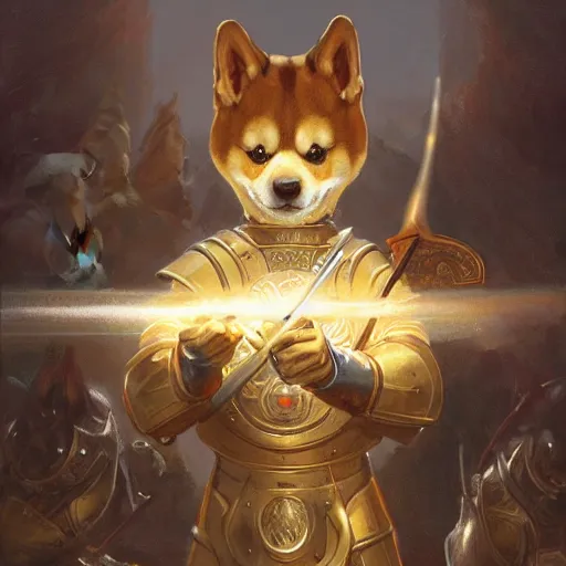 Image similar to anthropomorphic shiba inu, paladin armor, holding sword glowing holy light aura, fantasy, holy light, portrait art by donato giancola and greg rutkowski, realistic face, visible holy aura, digital art, trending on artstation, symmetry