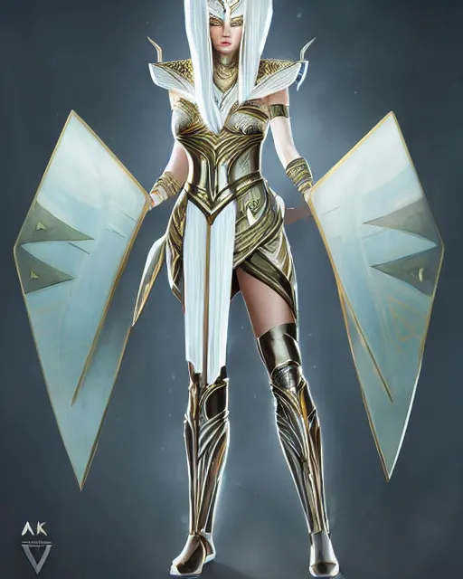 Image similar to perfect white haired attractive egyptian goddess, warframe armor, pharaoh headdress, beautiful, symmetric, dreamy, half asian, pretty face, green eyes, charlize theron, detailed, scifi platform, laboratory, experiment, 4 k, ultra realistic, epic lighting, android body, illuminated, cinematic, masterpiece, art by akihito tsukushi, voidstar