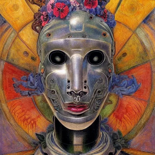 Image similar to masterpiece painting of the robot queen wearing a mask made of flowers, by annie swynnerton and diego rivera and jean delville, symbolist, dramatic lighting, god rays, elaborate geometric ornament, art brut, soft cool colors, smooth, sharp focus, extremely detailed, adolf wolfli