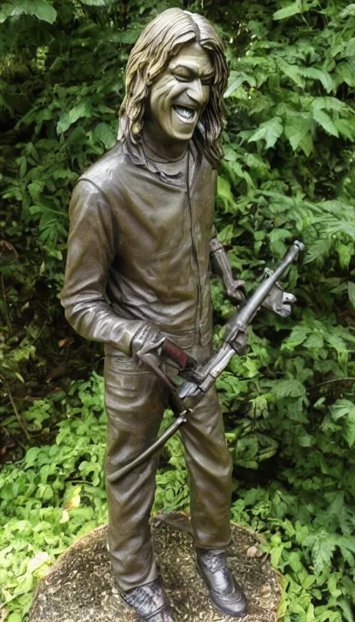 Image similar to bronze statue of kurt cobain laughing in a forest while holding a shotgun,