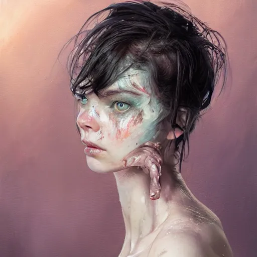 Image similar to expressive oil painting, alien dark fae girlboss based on jennifer connelly mixed with anya taylor - joy, bumpy mottled skin, big black feathered wings instead of arms, body horror, by yoshitaka amano, by greg rutkowski, by jeremy lipkinng, by artgerm, digital art, octane render