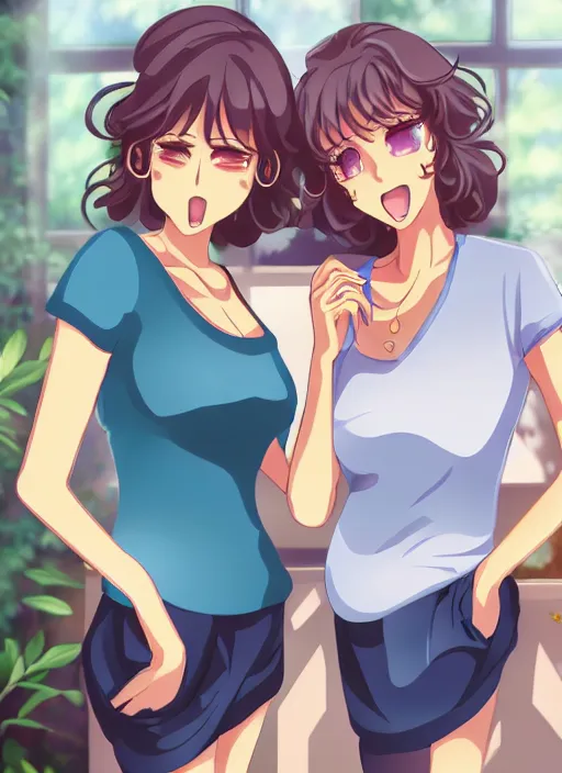 Image similar to two beautiful mature women in a summer home, casual summer clothes, gorgeous faces, thick lines, cinematic lighting, detailed anime art