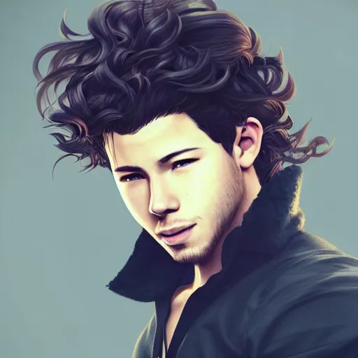 Image similar to Portrait of man with Nick Jonas's Tousled Curls type hair and Indonesian-type skin, atmospheric lighting, intricate detail, cgsociety, ambient light, dynamic lighting, anime style by Yusuke Kozaki