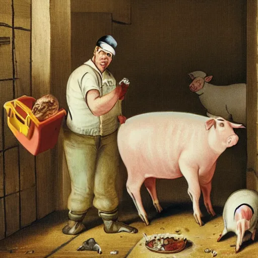 Image similar to butcher giving food to a cat, while being watched by a pig, a sheep, a chicken and a cow