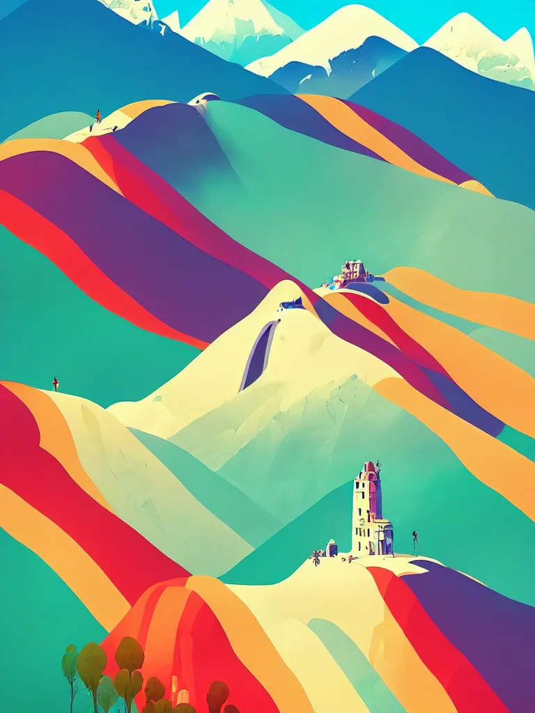 Image similar to a travel poster illustration depicting the rainbow mountain in peru, vintage style, white architecture, digital painting, vector art, trending on artstration, by anton fadeev, by alena aenami