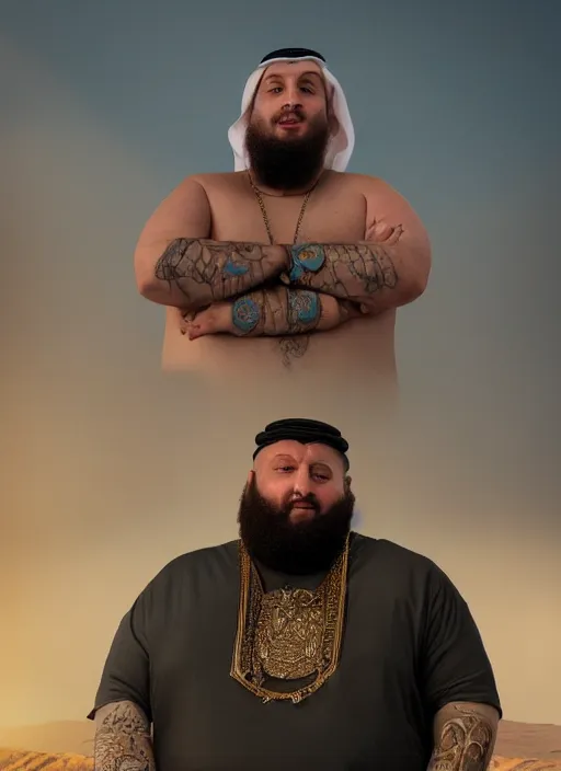 Image similar to portrait of sheikh ruler of dubai, djinn, head and torso only, cinematic lighting, studio quality, godly, cell shaded, 4 k, active, scenic, schizo, art style action bronson