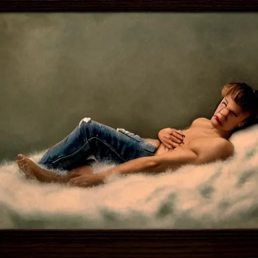 Prompt: justim bieber laying in milk, cinematic, cottage core, cinematic focus, polaroid photo bleached vintage pastel colors high - key lighting, soft lights, foggy, by steve hanks, by lisa yuskavage, by serov valentin, by tarkovsky, 8 k render, detailed, oil on canvas