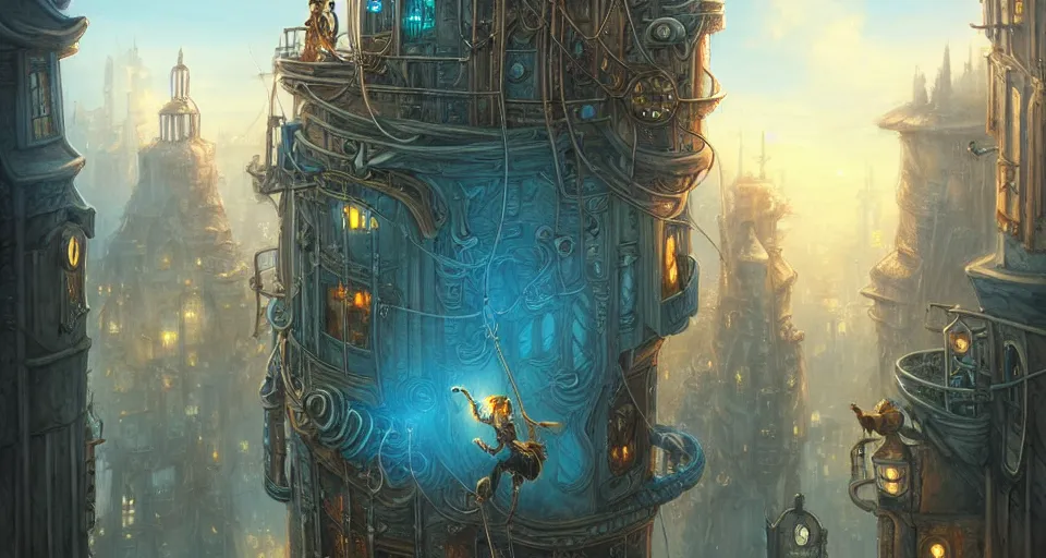 Image similar to landscape painting of fantasy metal steampunk city that has a light blue glow with walkways and lit windows and a fine detailed hooded thief in browns leathers climbing one of the tall buildings using a rope, fine details, magali villeneuve, artgerm, rutkowski