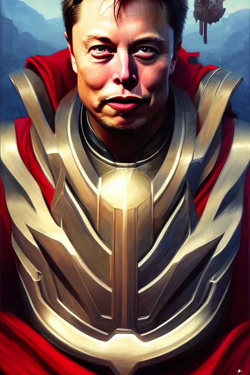 Image similar to elon musk as thor, realistic portrait, symmetrical, highly detailed, digital painting, artstation, concept art, smooth, sharp focus, illustration, cinematic lighting, art by artgerm and greg rutkowski and alphonse mucha