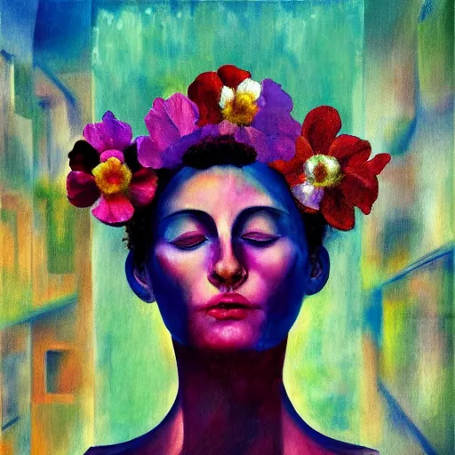 Image similar to huge flower as head, woman standing in a luxury apartment, surreal photography, dramatic light, impressionist painting, digital painting, artstation, georgia o'keeffe