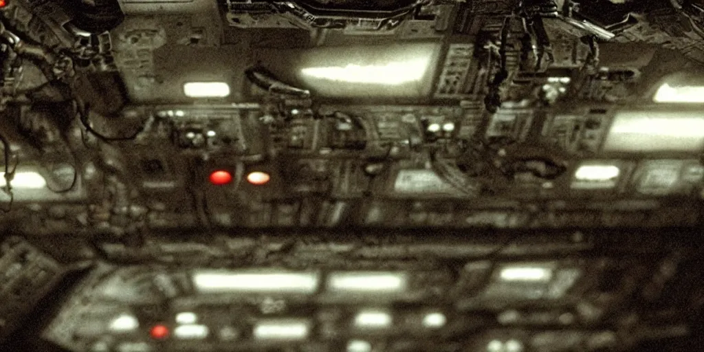 Prompt: a CLOSE UP shot of A command deck computers of Nostromo Aliens ship by Ridley Scott, Aliens movie, grainy, moody, dark, bleak