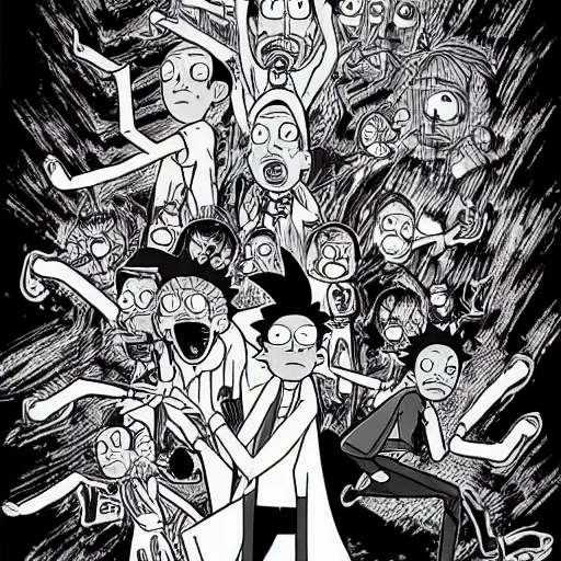 Image similar to rick and morty drawn in the style of Kentaro Miura from berserk, manga, high detail,