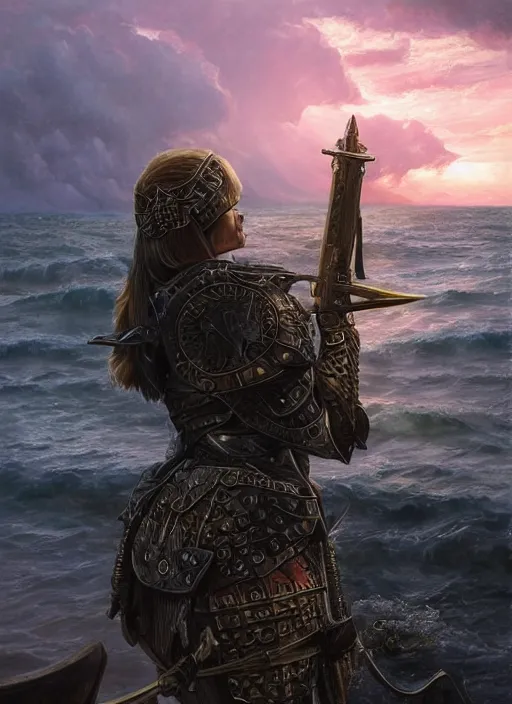 Prompt: Angela Merkel wearing black Armor, epic portrait of a very strong muscled Amazon heroine, sun beams across sky, pink golden hour, stormy coast, intricate, elegance, highly detailed, shallow depth of field, epic vista, Ralph Horsley, Daniel F. Gerhartz, Artgerm, Boris Villajo, Lilia Alvarado