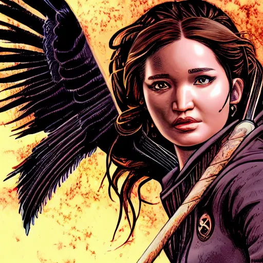 Prompt: precisely drawn illustration of Katniss Eberdeen blended with Alia Bhatt, wide angle, sharp, fine details, French comic style, vibrant realistic colors, full color, heroic fantasy, intense line art, 8k, precise linework, realistic, in the style of Heavy Metal Comics and Richard Corben and Moebius
