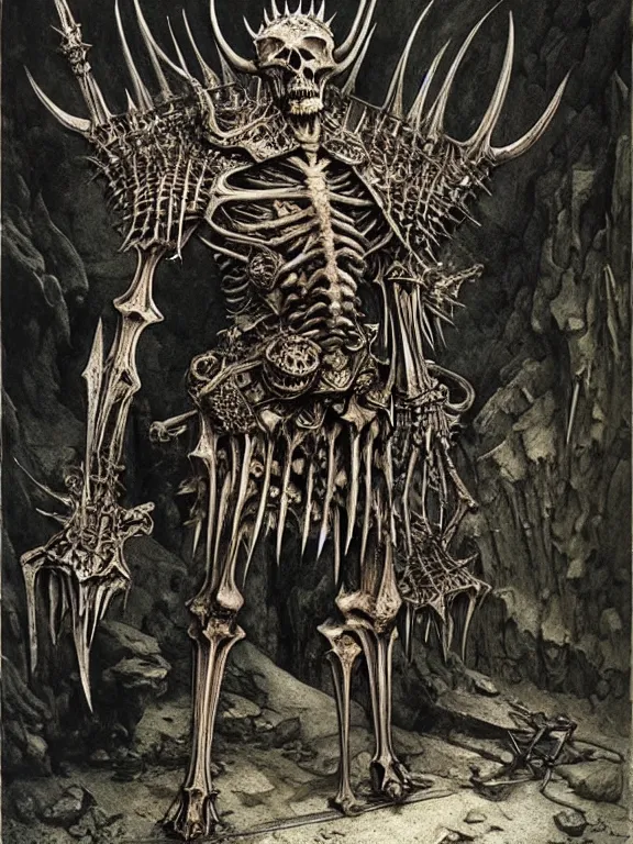 Prompt: A spiked horned semiork skeleton with armored joints stands in a large cave with sword in hand. Massive shoulderplates. Extremely high detail, realistic, fantasy art, solo, masterpiece, bones, ripped flesh, saturated colors, art by Zdzisław Beksiński, Arthur Rackham, Dariusz Zawadzki